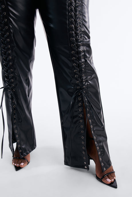 Lace Me Up Low Rise Faux Leather Flare Pant 33" - Black