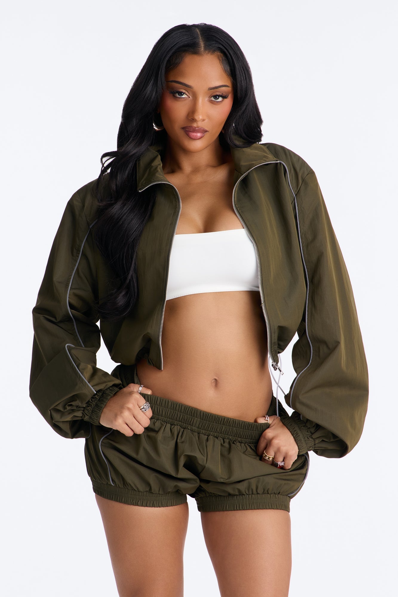 Make A Move Windbreaker Cropped Funnel Neck Jacket - Olive