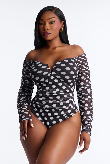 The Finer Things Mesh Polka Dot Long Sleeve Bodysuit - Black/White