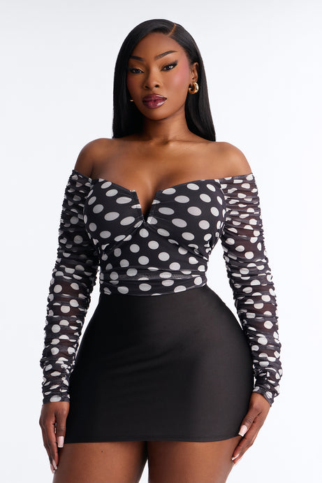 The Finer Things Mesh Polka Dot Long Sleeve Bodysuit - Black/White