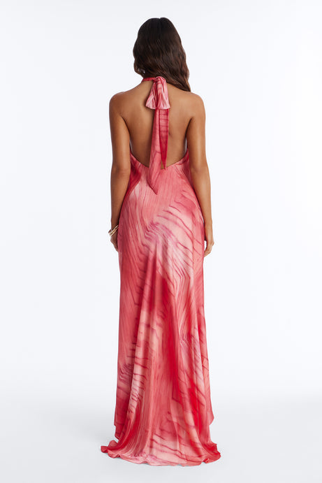 Palm Paradise Backless Satin Maxi Dress - Coral/combo