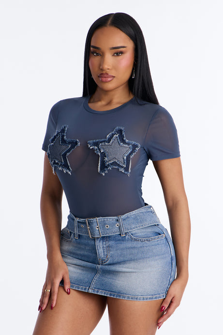You're A Firework Mesh Bodysuit - Denim