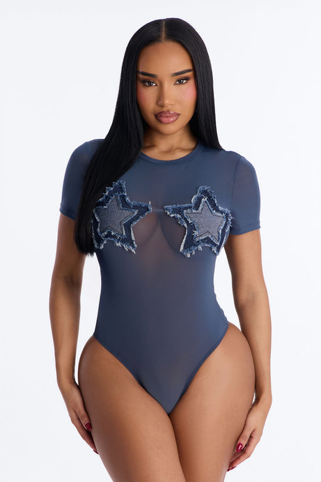 You're A Firework Mesh Bodysuit - Denim