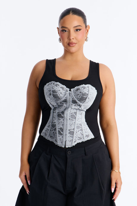 Lace Corset Graphic Tank - Black