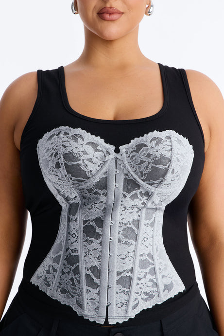 Lace Corset Graphic Tank - Black