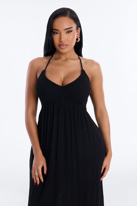 Raina Smocked Linen Maxi Dress - Black