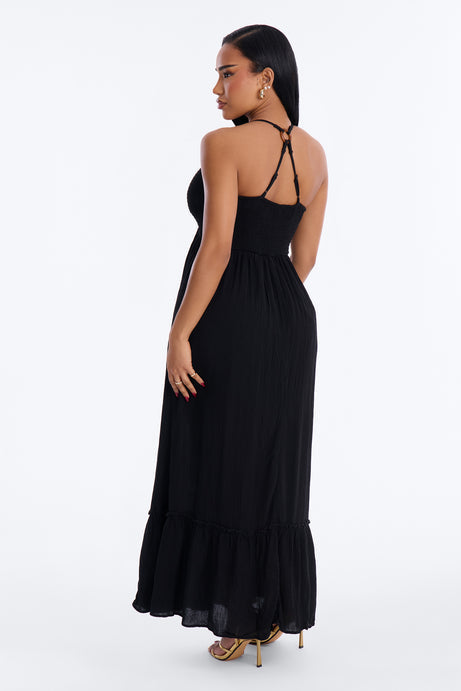 Raina Smocked Linen Maxi Dress - Black