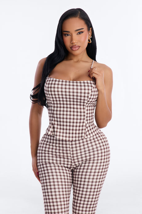 Downtown Girl Gingham Capri Set - Brown Combo