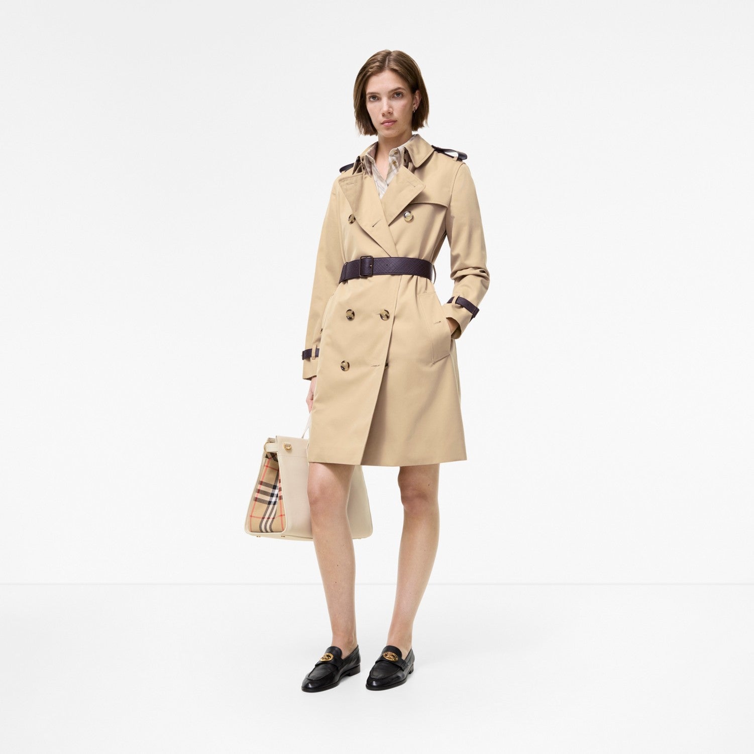 Mid-length Leather Trim Kensington Trench Coat