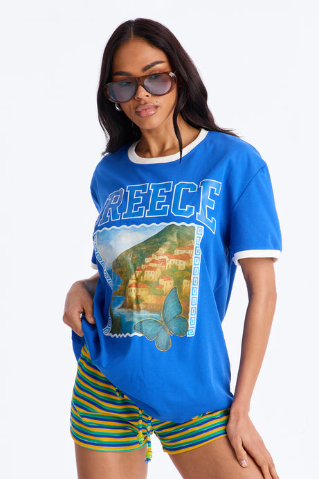 Greece Oversized Ringer Tee - Blue