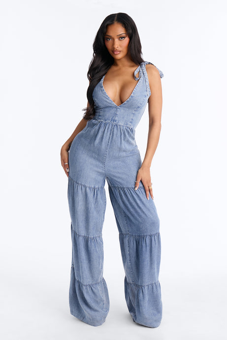 Keep Up Chambray Tiered Jumpsuit - Medium Wash