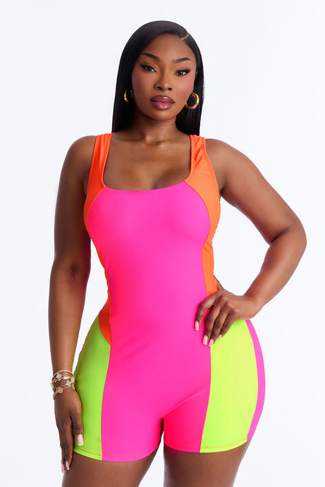 Amy Colorblock Boyshort Romper 1 Piece Swimsuit - Hot Pink/combo