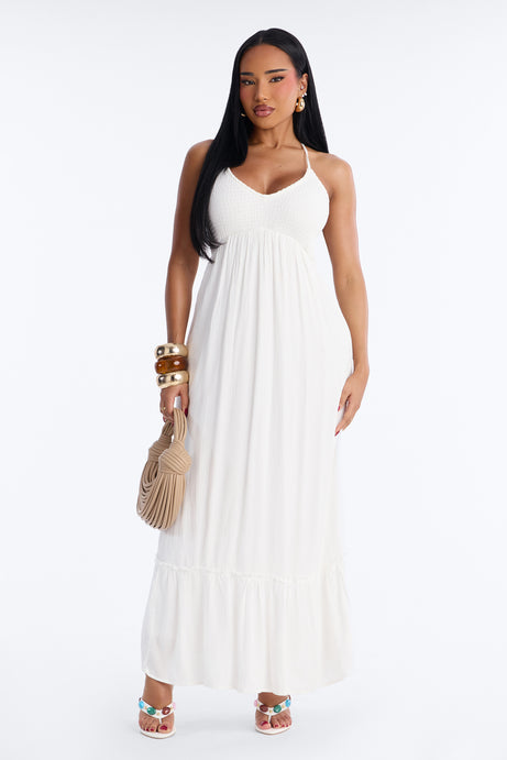 Raina Smocked Linen Maxi Dress - White