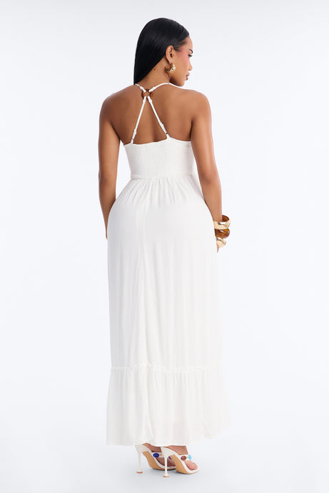Raina Smocked Linen Maxi Dress - White