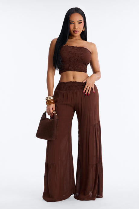 Sadie Smocked Strapless Pant Set - Chocolate