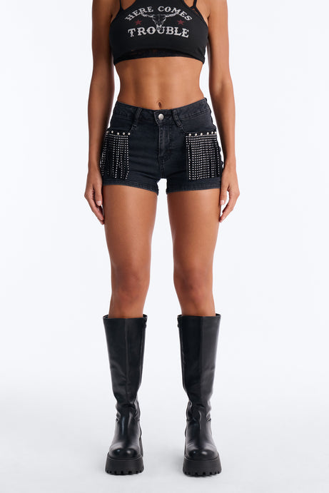 Shaking It Embellished Fringe Denim Shorts - Black Wash