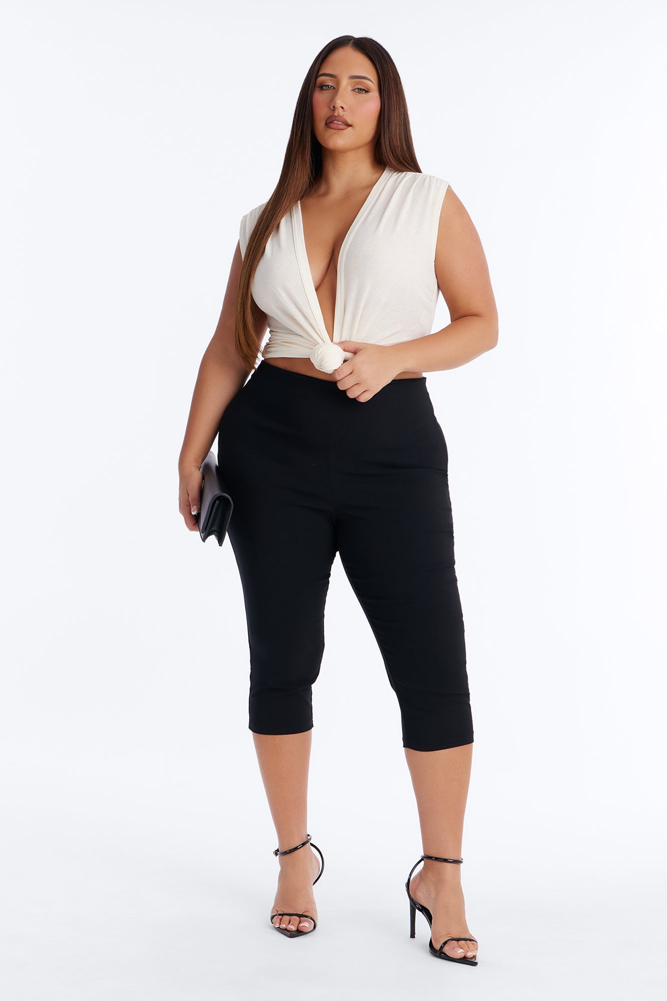 Selena Textured Deep V-Neck Knot Top - Off White