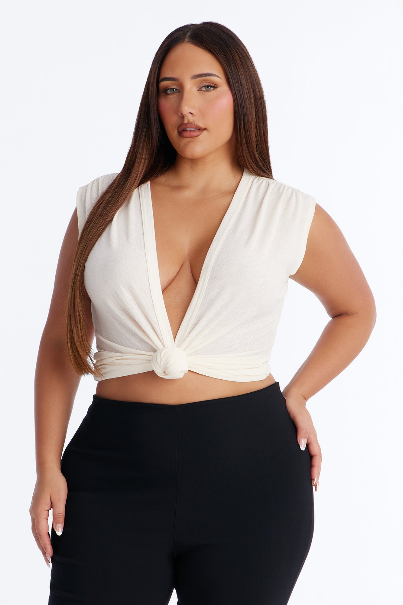 Selena Textured Deep V-Neck Knot Top - Off White