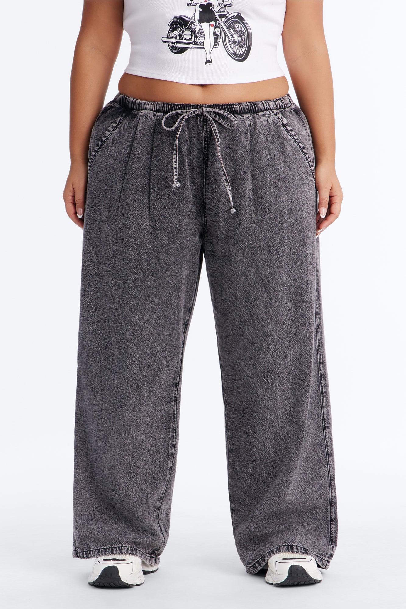 Baeside Tie Waist Wide Leg Jeans - Black Wash