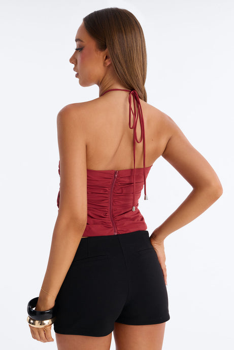 Cute Enough Asymmetrical Nylon Halter Top - Red