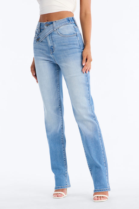 Cambria Crossover Stretch Straight Leg Jeans - Medium Wash