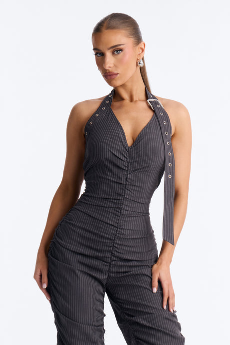 Pia Pinstripe Buckle Jumpsuit - Charcoal