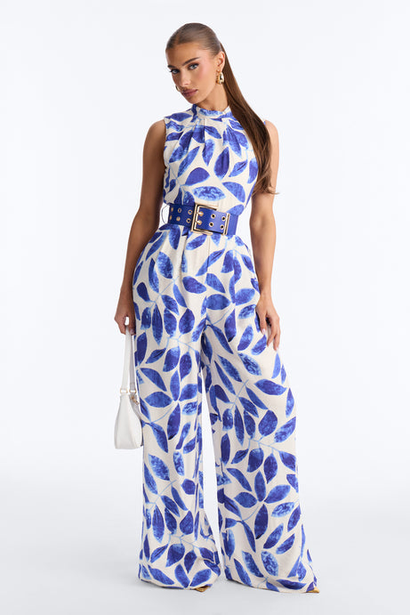 Meena Belted High Neck Jumpsuit - Blue