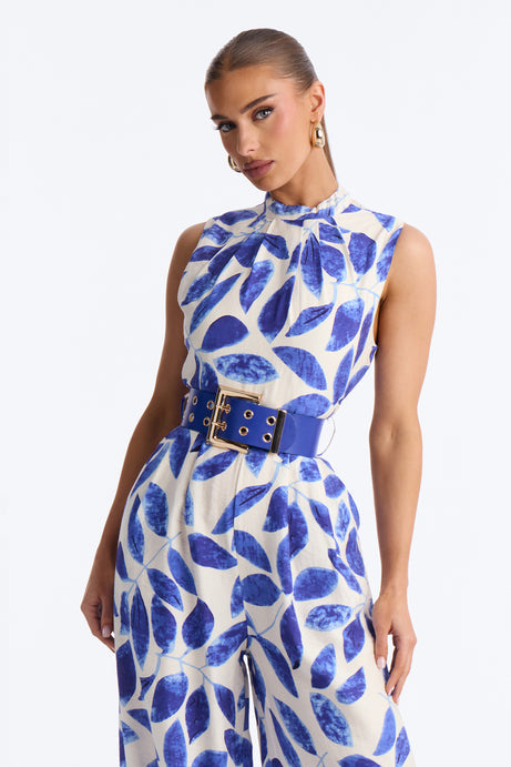 Meena Belted High Neck Jumpsuit - Blue