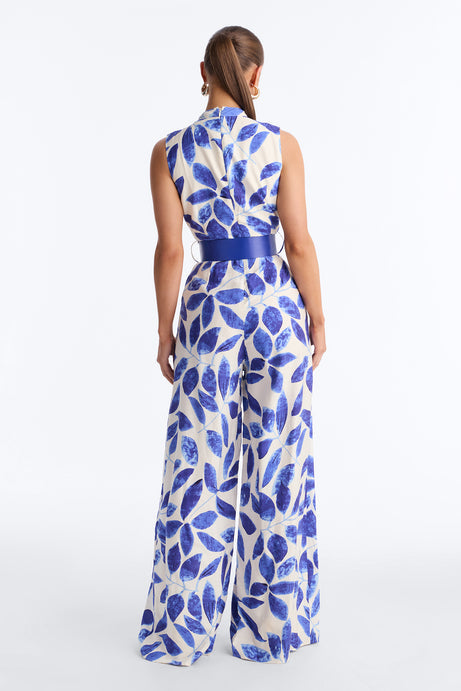 Meena Belted High Neck Jumpsuit - Blue