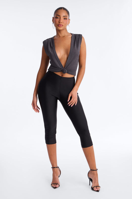 Selena Textured Deep V-Neck Knot Top - Charcoal