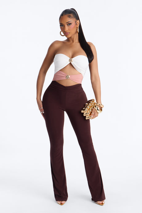 Selena Cut Out Flare Leg Jumpsuit - Brown/combo