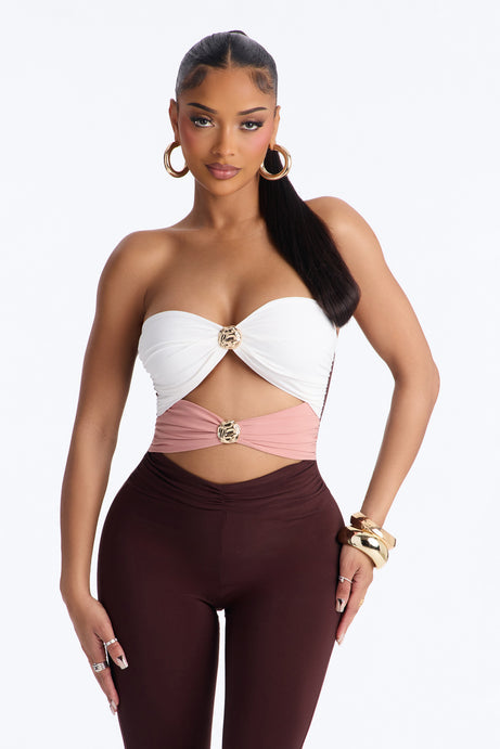 Selena Cut Out Flare Leg Jumpsuit - Brown/combo
