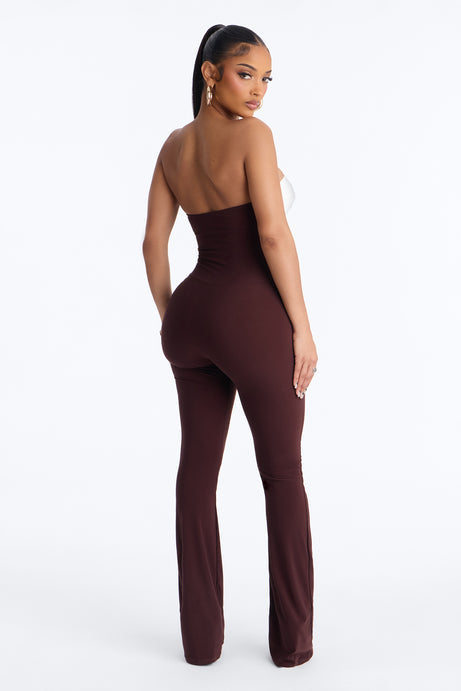 Selena Cut Out Flare Leg Jumpsuit - Brown/combo