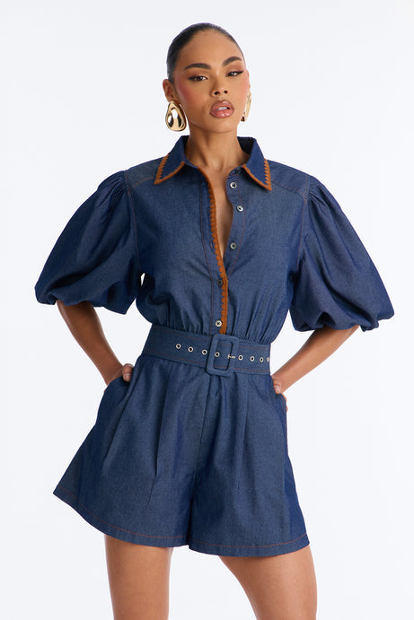 Jaika Denim Embroidered Romper - Dark Wash