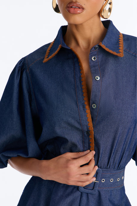 Jaika Denim Embroidered Romper - Dark Wash