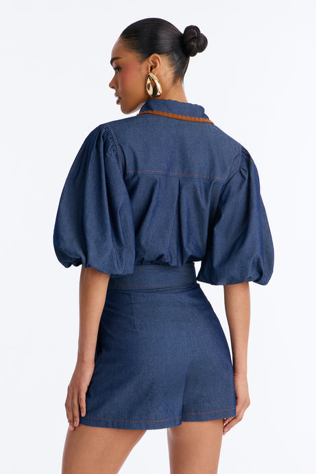 Jaika Denim Embroidered Romper - Dark Wash