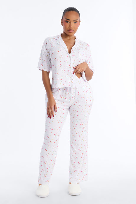 Fruit Toss Notch Collar PJ Pant Set - White