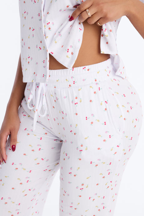 Fruit Toss Notch Collar PJ Pant Set - White