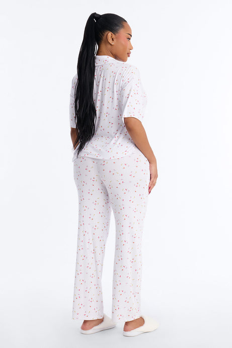 Fruit Toss Notch Collar PJ Pant Set - White