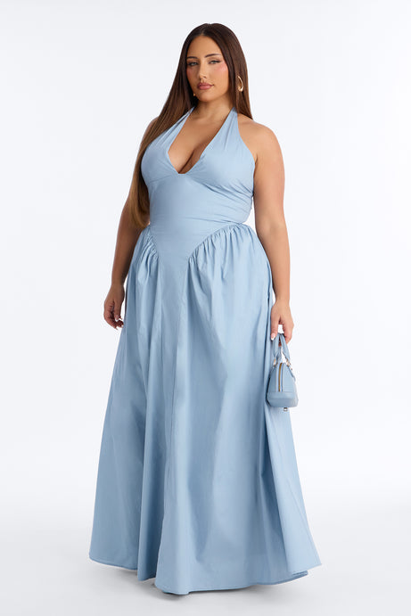 Maisie Drop Waist Poplin Maxi Dress - Blue