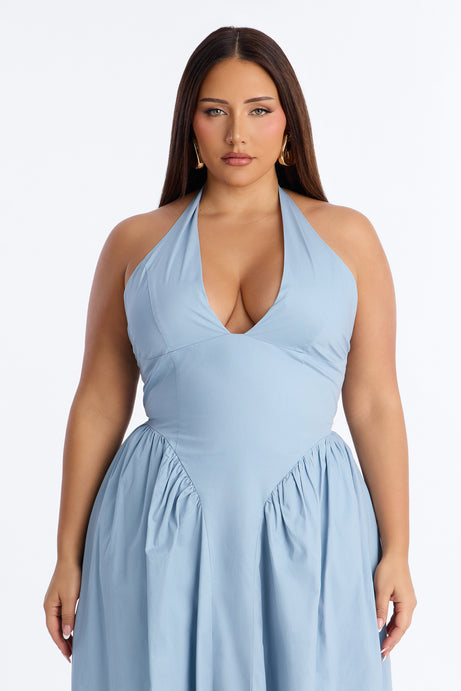 Maisie Drop Waist Poplin Maxi Dress - Blue