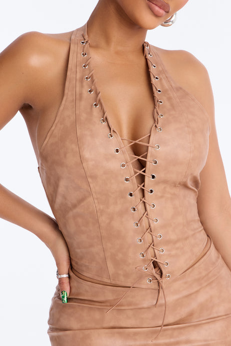 Backstage Lace Up Faux Leather Mini Dress - Taupe