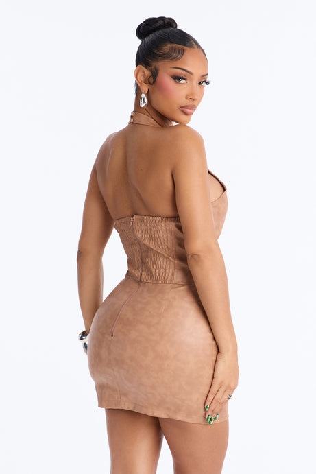 Backstage Lace Up Faux Leather Mini Dress - Taupe