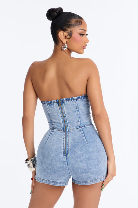 Fawn Strapless Denim Micro Romper - Light Wash