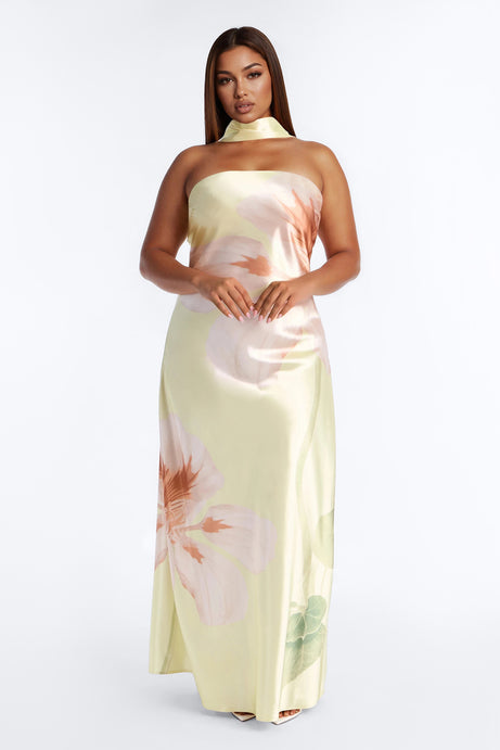 Jelissa Scarf Satin Maxi Dress - Yellow/combo