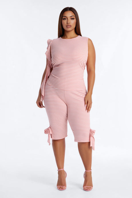 Girl Talk Tie Detail Striped Capri Set - Mauve