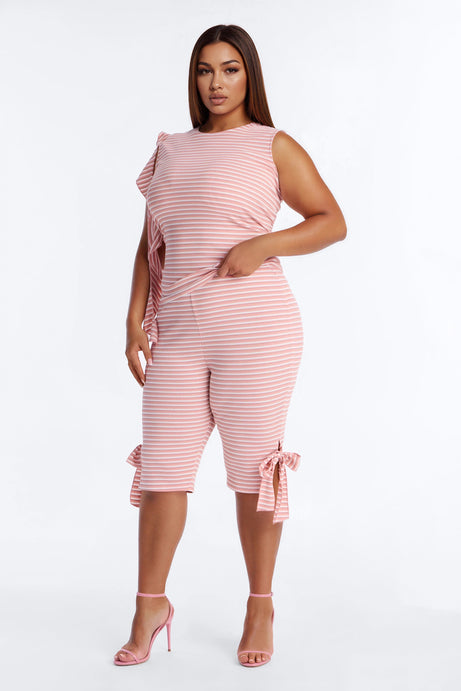 Girl Talk Tie Detail Striped Capri Set - Mauve