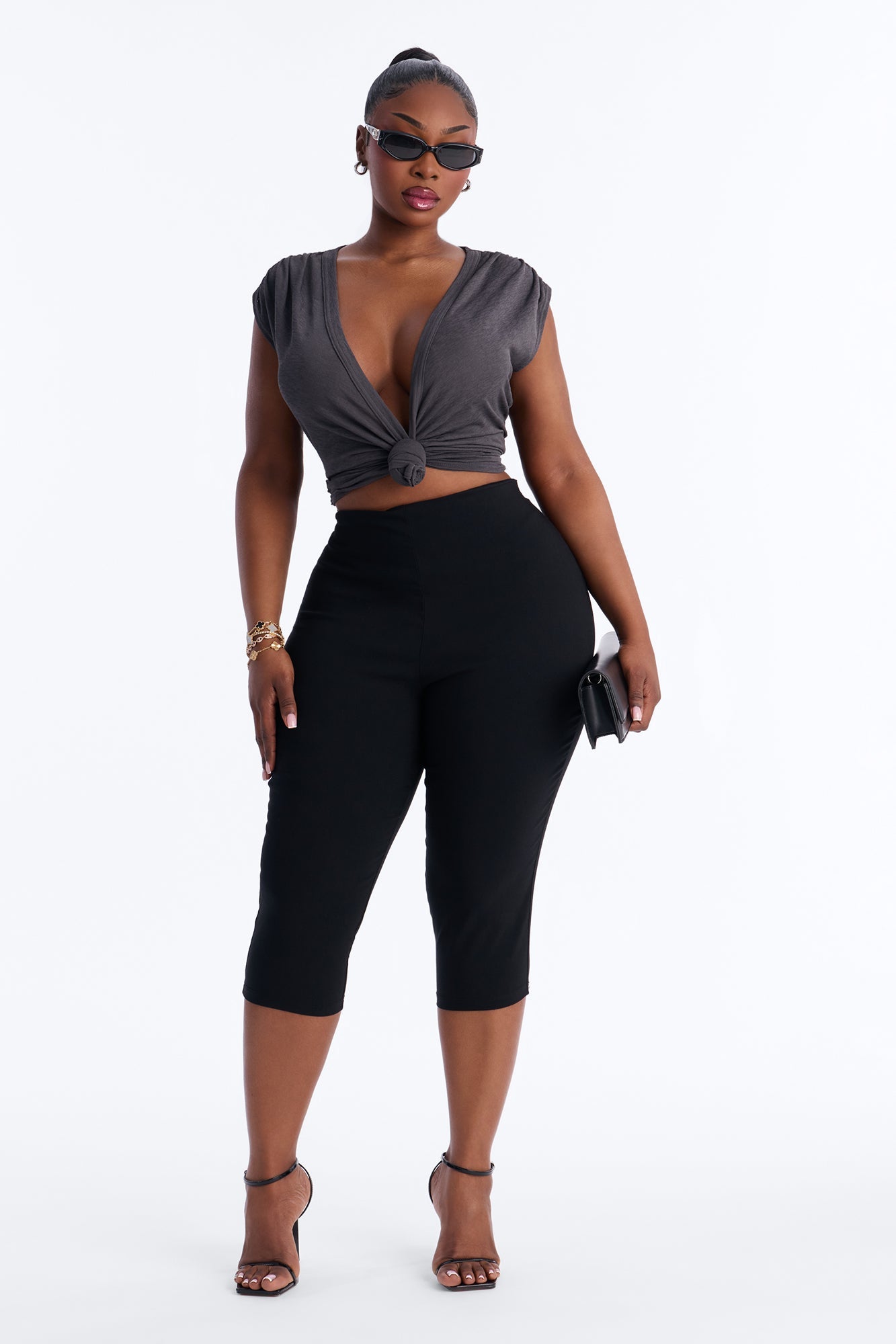 Selena Textured Deep V-Neck Knot Top - Charcoal