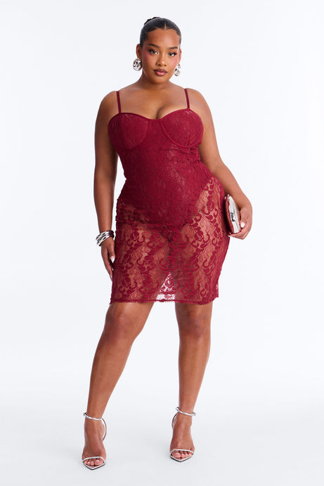 Nicole Sheer Lace Mini Dress - Burgundy