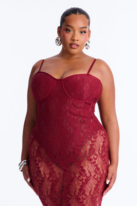 Nicole Sheer Lace Mini Dress - Burgundy